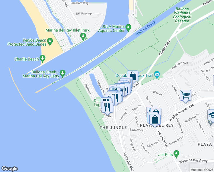 map of restaurants, bars, coffee shops, grocery stores, and more near 6603 Vista Del Mar in Los Angeles