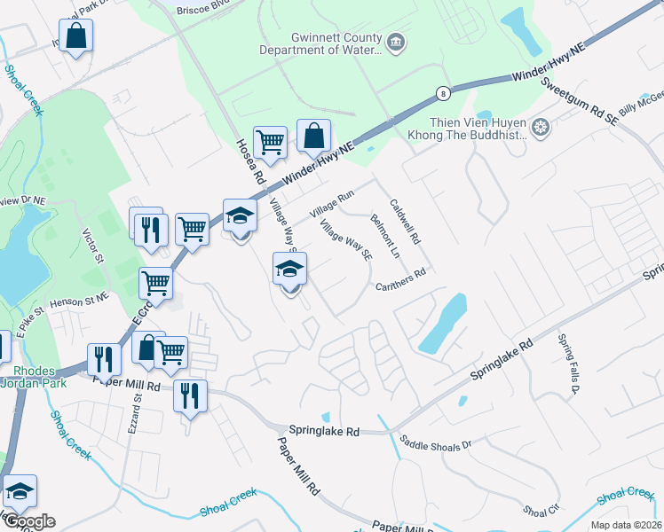 map of restaurants, bars, coffee shops, grocery stores, and more near 483 Bramden Circle in Lawrenceville