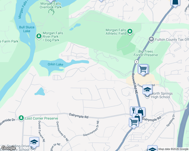 map of restaurants, bars, coffee shops, grocery stores, and more near 445 Trowgate Lane in Sandy Springs