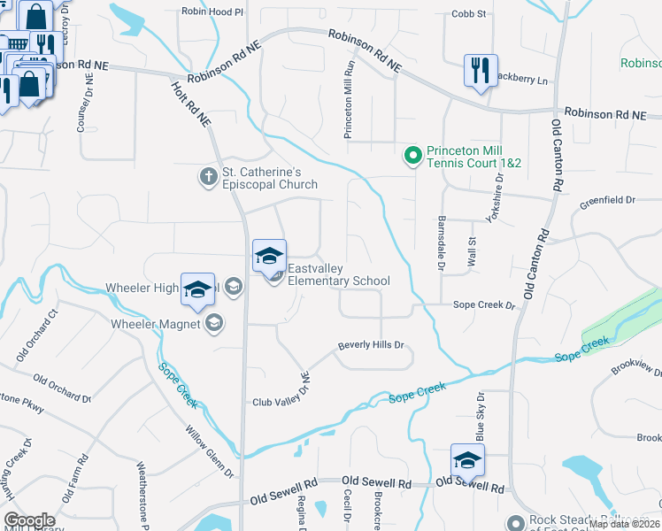 map of restaurants, bars, coffee shops, grocery stores, and more near 2707 Okawana Drive South East in Marietta