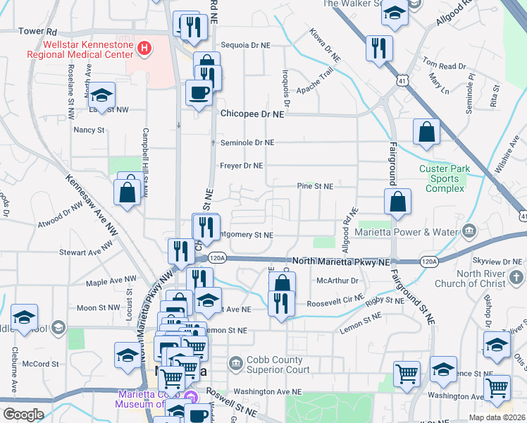 map of restaurants, bars, coffee shops, grocery stores, and more near 429 Hunt Street Northeast in Marietta
