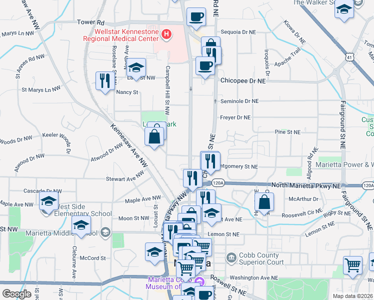 map of restaurants, bars, coffee shops, grocery stores, and more near 401 Church Street in Marietta