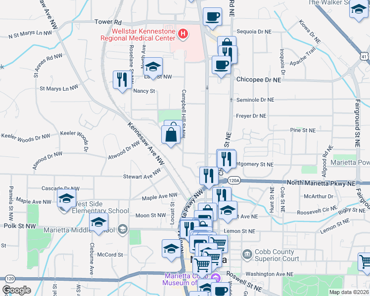 map of restaurants, bars, coffee shops, grocery stores, and more near 398 Campbell Hill Street Northwest in Marietta