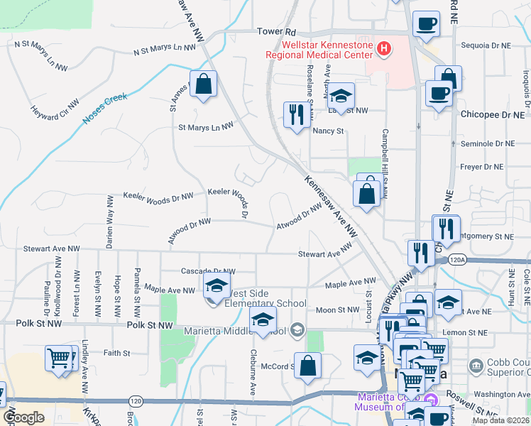 map of restaurants, bars, coffee shops, grocery stores, and more near 400 Talcott Circle Northwest in Marietta
