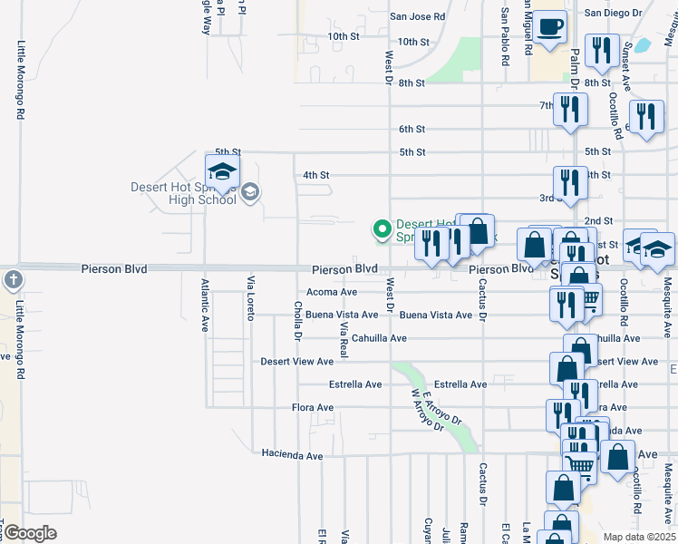 map of restaurants, bars, coffee shops, grocery stores, and more near 6566 Vía Real in Desert Hot Springs