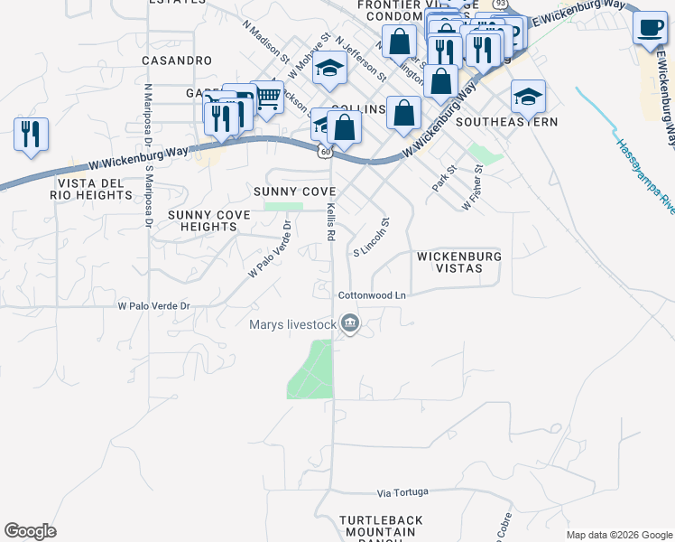 map of restaurants, bars, coffee shops, grocery stores, and more near 635 Kellis Road in Wickenburg