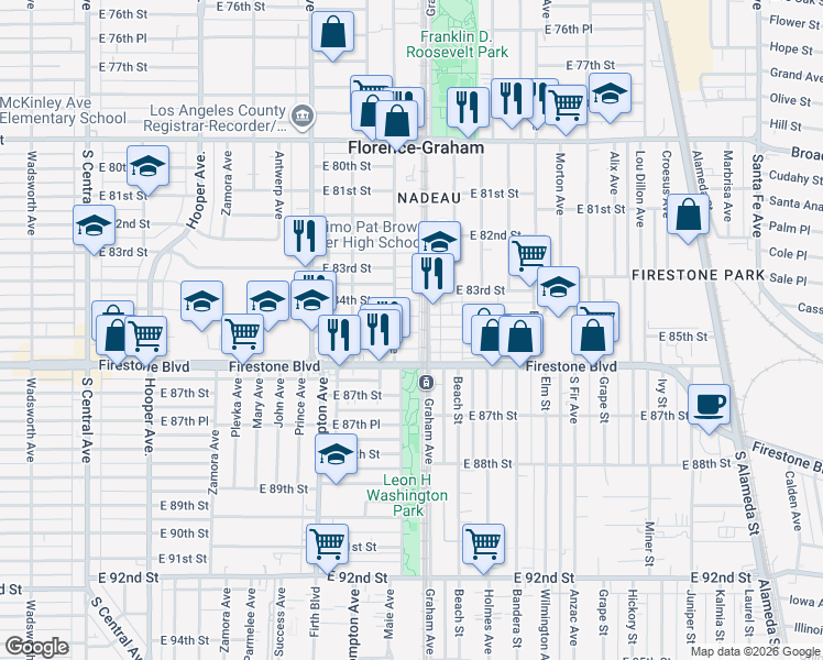 map of restaurants, bars, coffee shops, grocery stores, and more near 1661 1/2 East 85th Street in Los Angeles