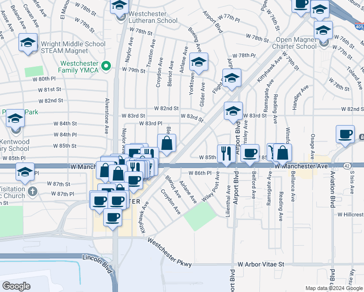 map of restaurants, bars, coffee shops, grocery stores, and more near 8500 Flight Avenue in Los Angeles