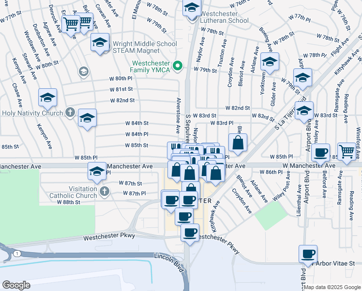 map of restaurants, bars, coffee shops, grocery stores, and more near 8501 South Sepulveda Boulevard in Los Angeles