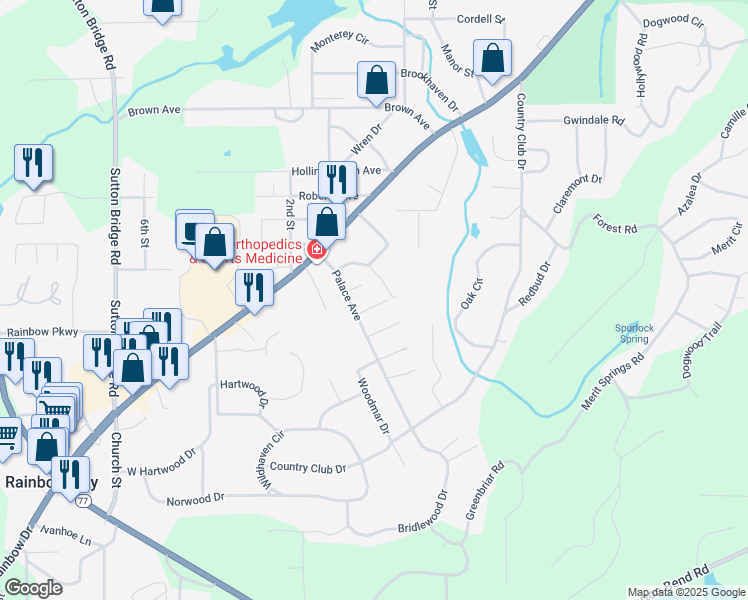 map of restaurants, bars, coffee shops, grocery stores, and more near 309 Meadow Street in Rainbow City