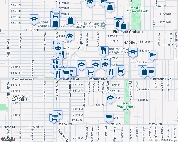 map of restaurants, bars, coffee shops, grocery stores, and more near 8471 Zamora Avenue in Los Angeles