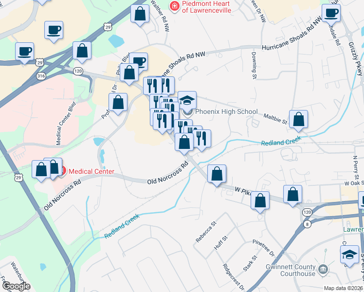 map of restaurants, bars, coffee shops, grocery stores, and more near 475 W Pike St in Lawrenceville