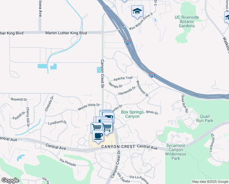 map of restaurants, bars, coffee shops, grocery stores, and more near 5080 Pearblossom Drive in Riverside
