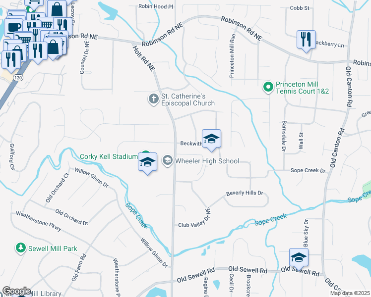 map of restaurants, bars, coffee shops, grocery stores, and more near 2588 Beckwith Trail South East in Marietta