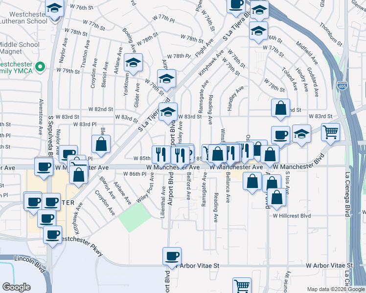 map of restaurants, bars, coffee shops, grocery stores, and more near 8430 Barnsley Avenue in Los Angeles