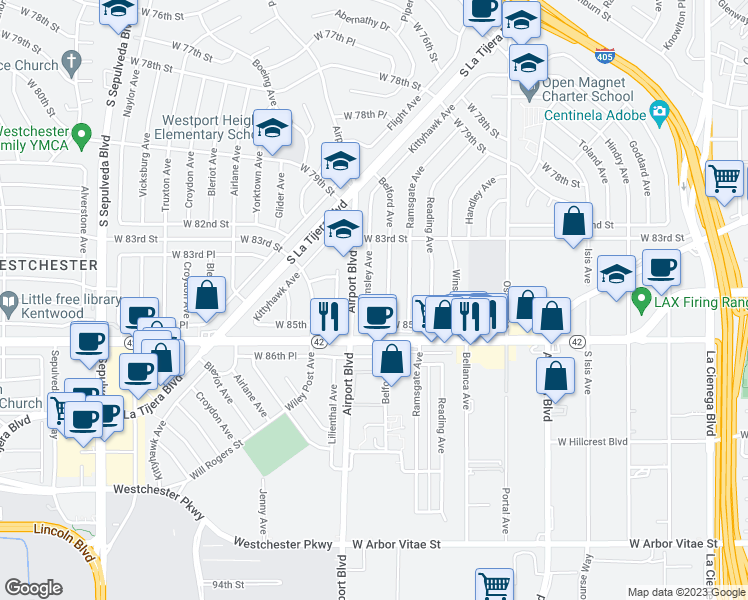 map of restaurants, bars, coffee shops, grocery stores, and more near 8430 Barnsley Avenue in Los Angeles