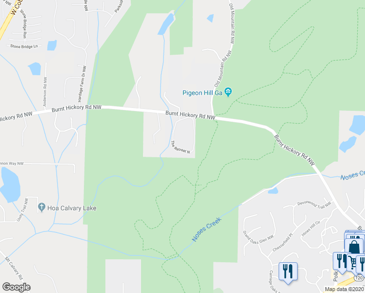 map of restaurants, bars, coffee shops, grocery stores, and more near 354 The Retreat North in Marietta