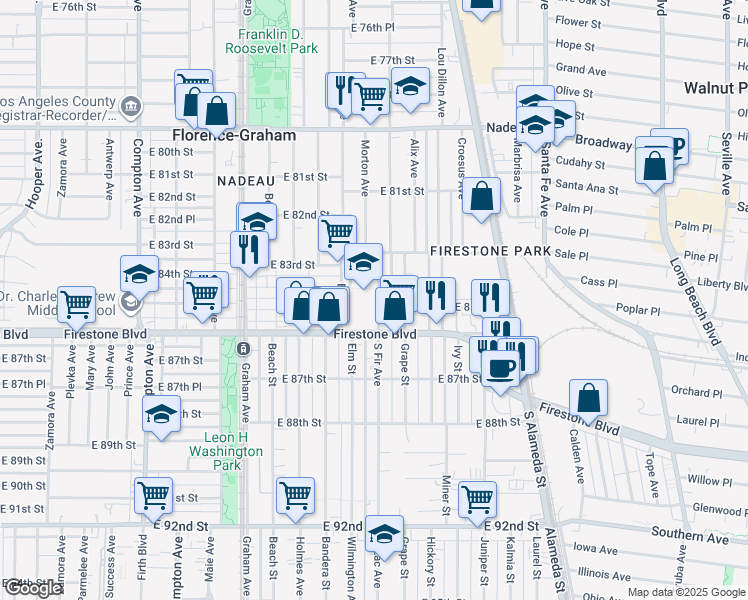 map of restaurants, bars, coffee shops, grocery stores, and more near 8407 South Fir Avenue in Los Angeles