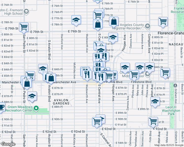 map of restaurants, bars, coffee shops, grocery stores, and more near 923 East 85th Street in Los Angeles