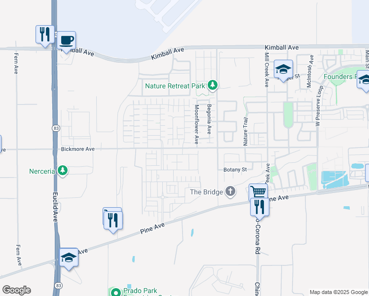 map of restaurants, bars, coffee shops, grocery stores, and more near Bickmore Avenue in Chino
