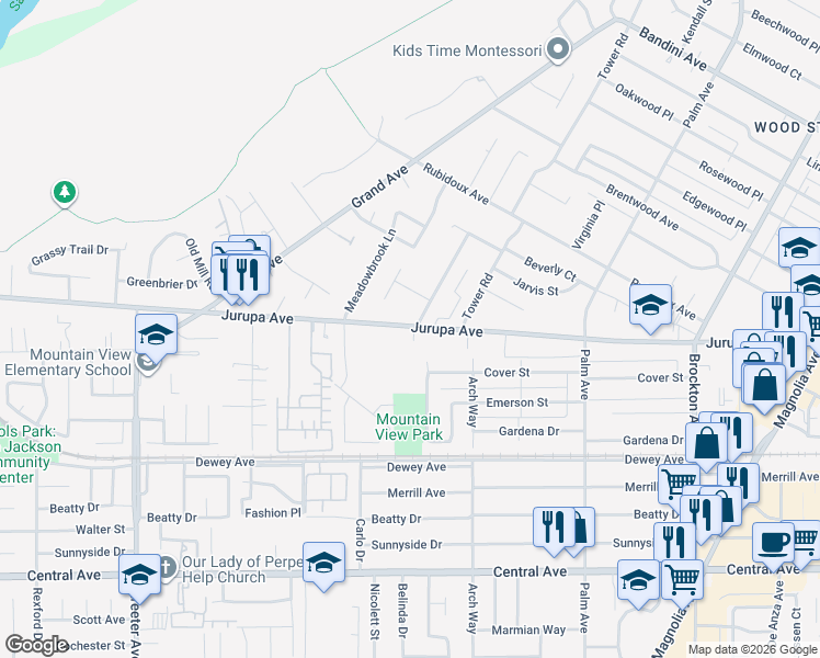 map of restaurants, bars, coffee shops, grocery stores, and more near 4816 Jurupa Avenue in Riverside