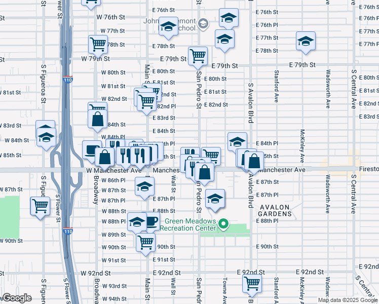 map of restaurants, bars, coffee shops, grocery stores, and more near 241 East 85th Street in Los Angeles