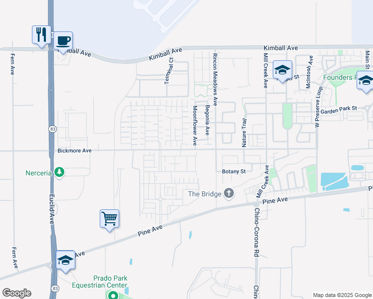 map of restaurants, bars, coffee shops, grocery stores, and more near 7633 Bickmore Avenue in Chino
