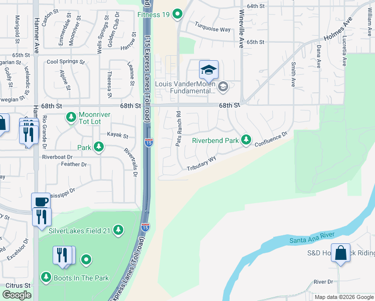 map of restaurants, bars, coffee shops, grocery stores, and more near 6986 Housatonic Court in Jurupa Valley