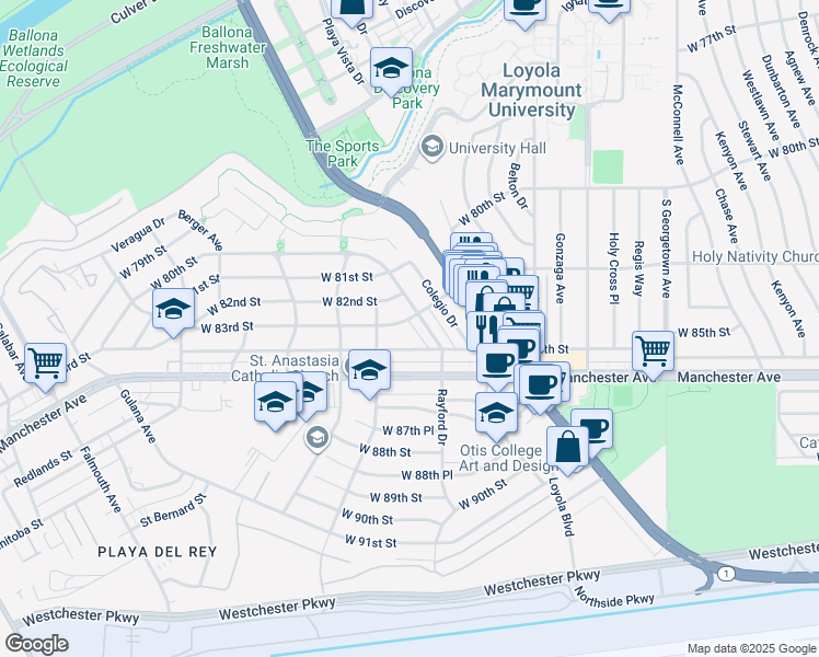 map of restaurants, bars, coffee shops, grocery stores, and more near 7342 West 83rd Street in Los Angeles