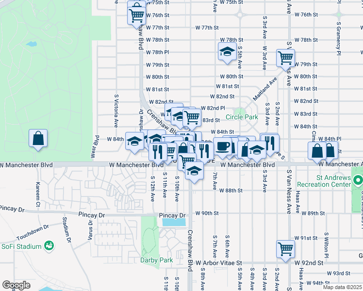 map of restaurants, bars, coffee shops, grocery stores, and more near 8451 Crenshaw Boulevard in Inglewood
