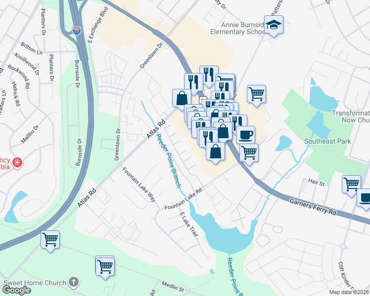 map of restaurants, bars, coffee shops, grocery stores, and more near 39 Brooksby Court in Columbia