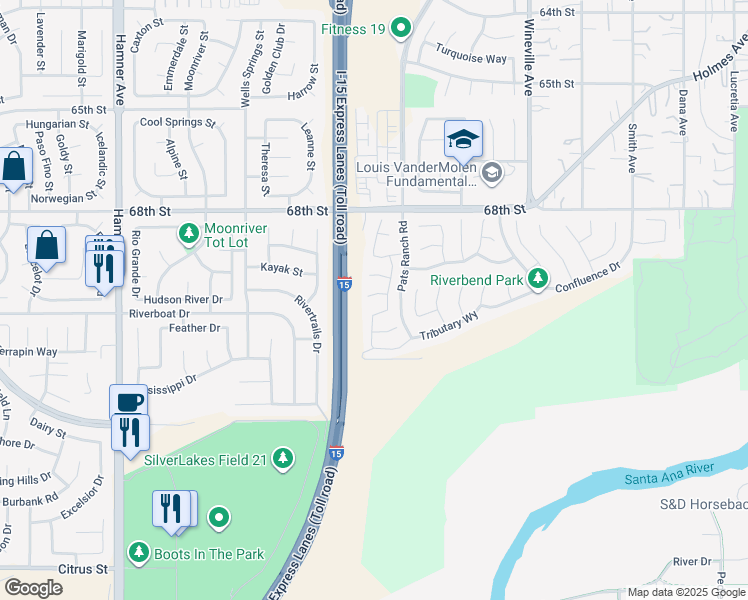 map of restaurants, bars, coffee shops, grocery stores, and more near 12167 Chutes Court in Jurupa Valley
