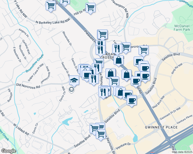 map of restaurants, bars, coffee shops, grocery stores, and more near 3780 Old Norcross Road in Duluth