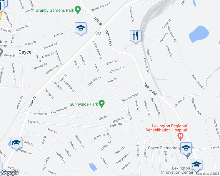 map of restaurants, bars, coffee shops, grocery stores, and more near 1206 Northland Drive in Cayce