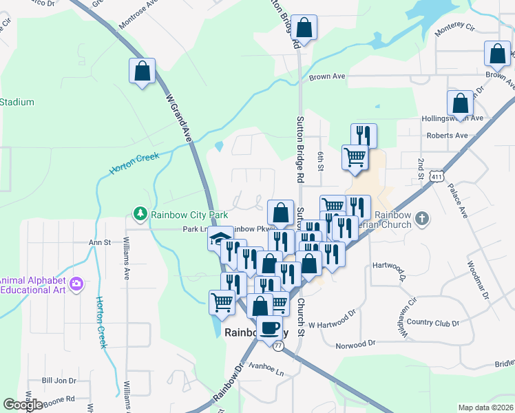 map of restaurants, bars, coffee shops, grocery stores, and more near 316 Chewalca Drive in Rainbow City