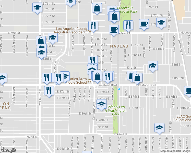map of restaurants, bars, coffee shops, grocery stores, and more near 1511 East 85th Street in Los Angeles