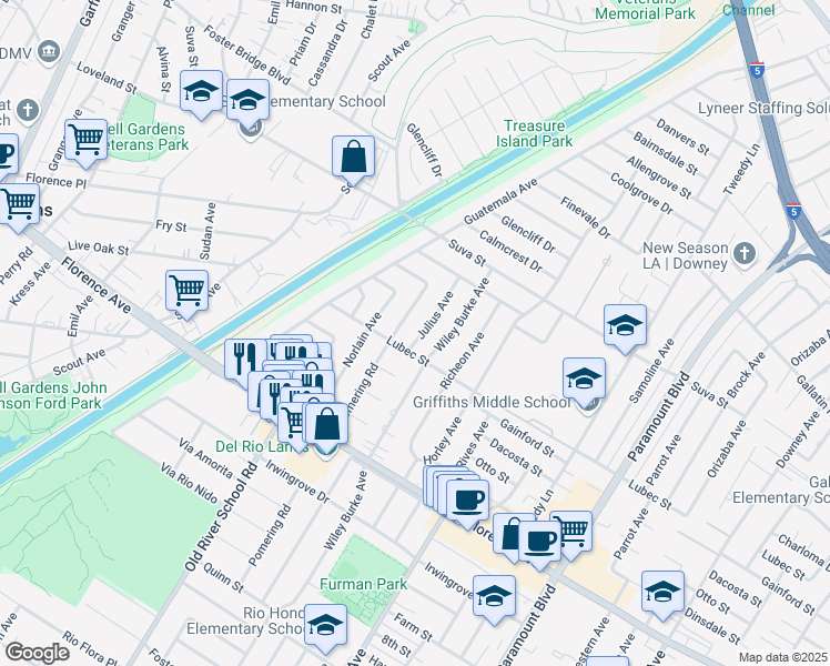 map of restaurants, bars, coffee shops, grocery stores, and more near 9735 Julius Avenue in Downey