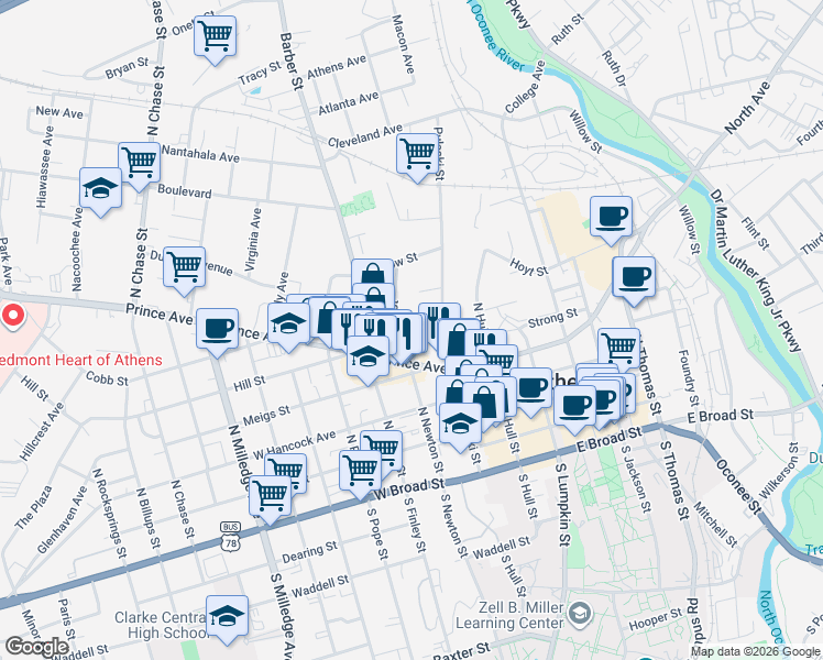 map of restaurants, bars, coffee shops, grocery stores, and more near 541 Pulaski Street in Athens