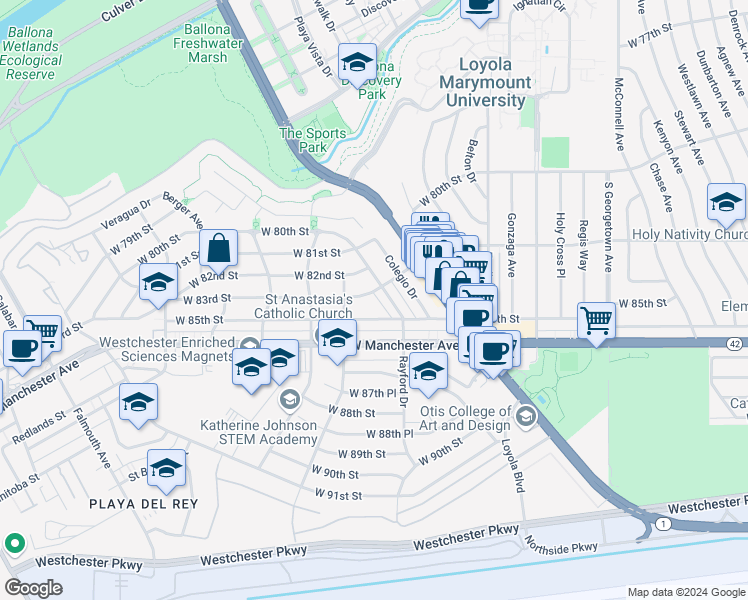 map of restaurants, bars, coffee shops, grocery stores, and more near 7342 West 83rd Street in Los Angeles