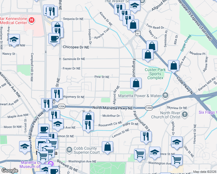 map of restaurants, bars, coffee shops, grocery stores, and more near 414 Edwards Drive Northeast in Marietta