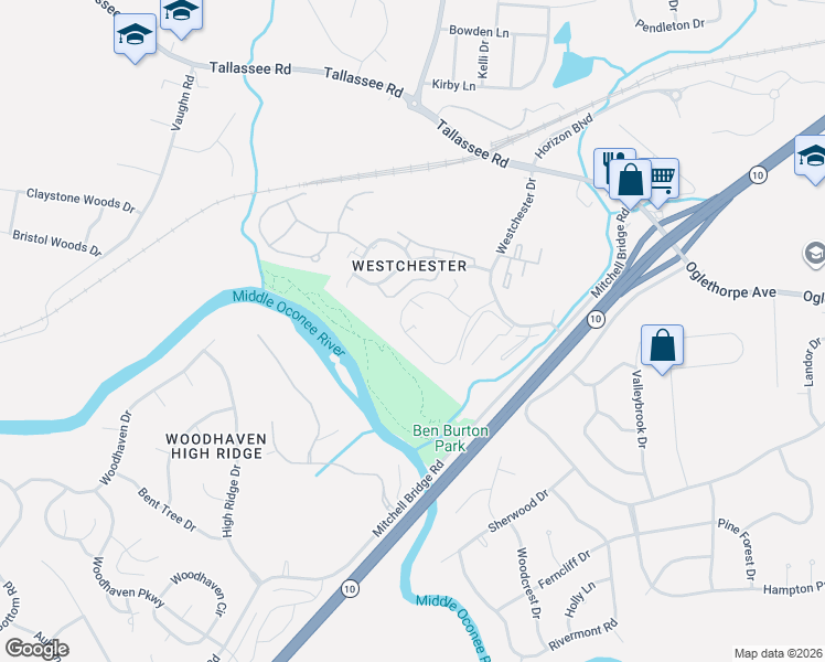 map of restaurants, bars, coffee shops, grocery stores, and more near 205 Westchester Circle in Athens