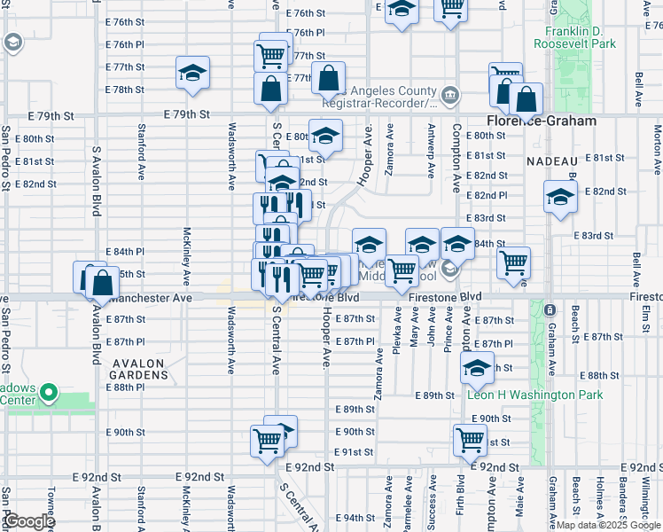 map of restaurants, bars, coffee shops, grocery stores, and more near 8472 Hooper Avenue in Los Angeles