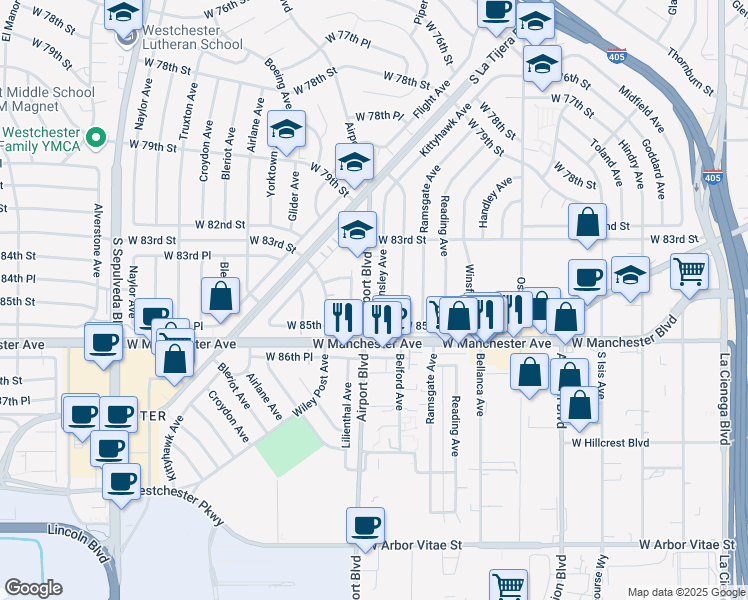 map of restaurants, bars, coffee shops, grocery stores, and more near 8426 Barnsley Avenue in Los Angeles