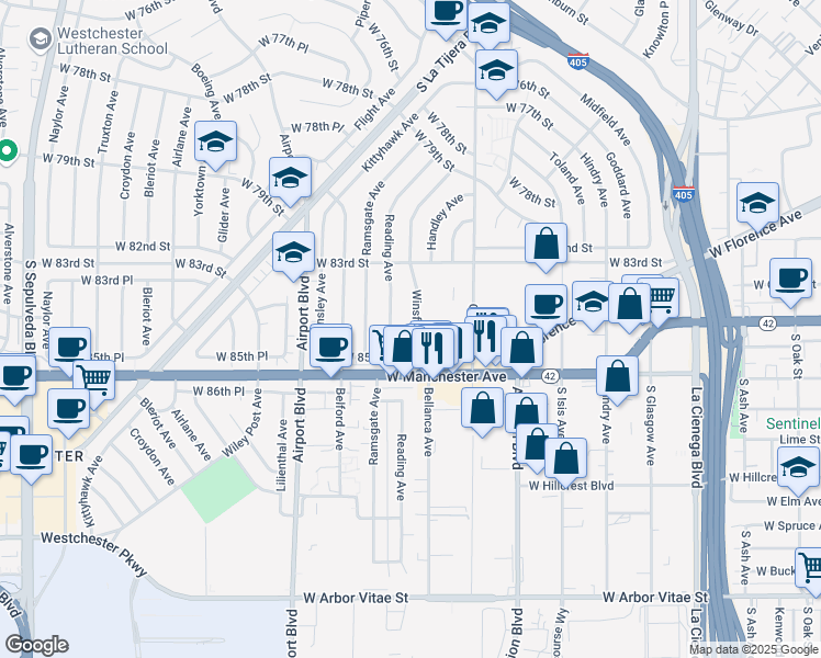 map of restaurants, bars, coffee shops, grocery stores, and more near 8421 Winsford Avenue in Los Angeles
