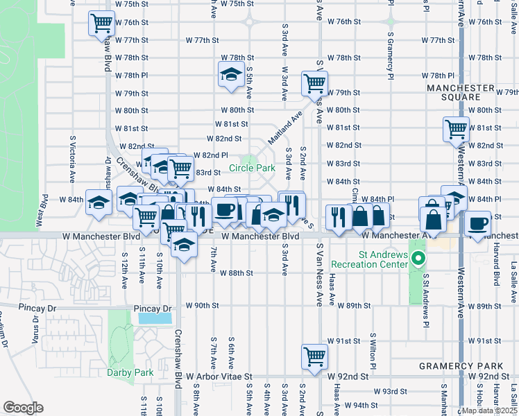 map of restaurants, bars, coffee shops, grocery stores, and more near 2610 West 84th Place in Inglewood