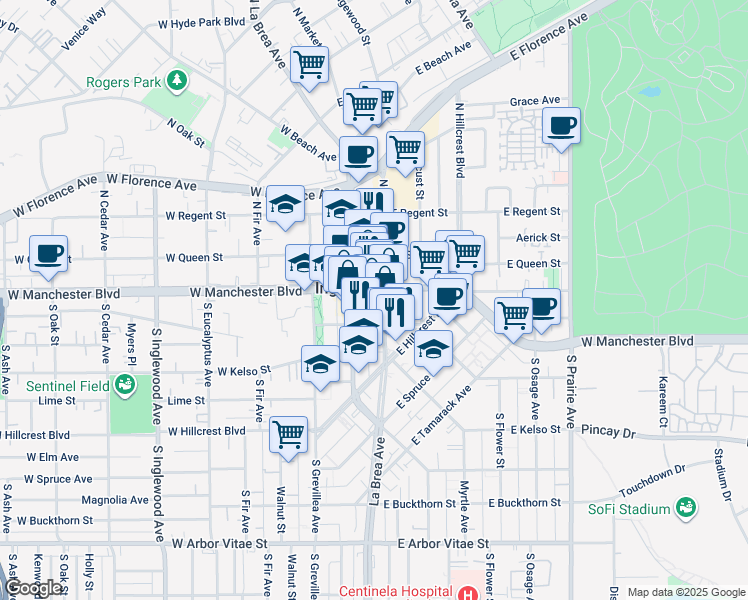 map of restaurants, bars, coffee shops, grocery stores, and more near in Inglewood