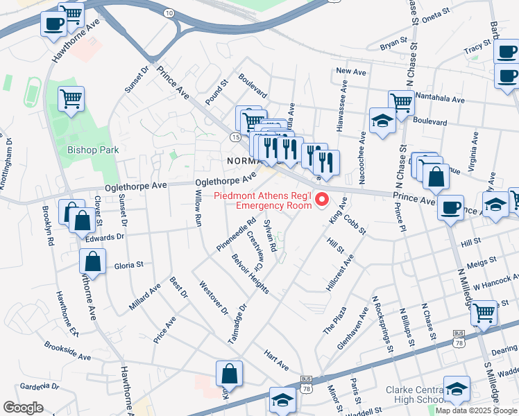 map of restaurants, bars, coffee shops, grocery stores, and more near 210 Pineneedle Road in Athens