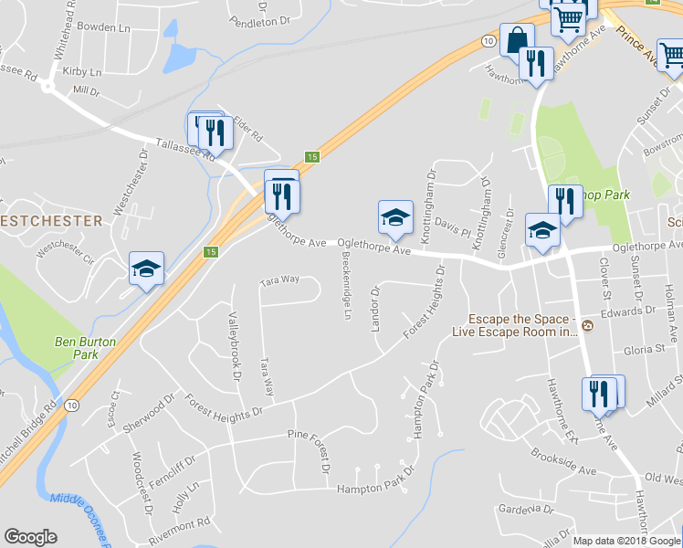 map of restaurants, bars, coffee shops, grocery stores, and more near 130 Breckenridge Lane in Athens