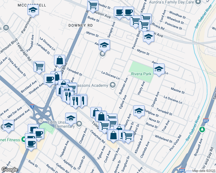 map of restaurants, bars, coffee shops, grocery stores, and more near 9314 Charlesworth Road in Pico Rivera