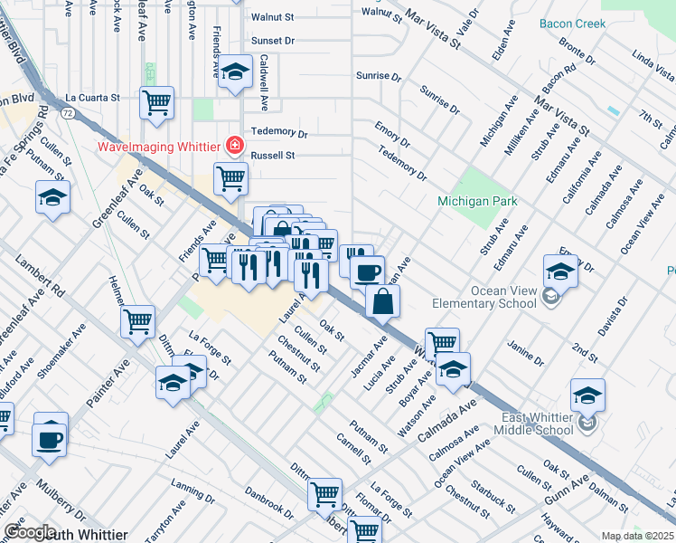 map of restaurants, bars, coffee shops, grocery stores, and more near 13617 Whittier Boulevard in Whittier